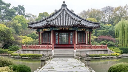 Fototapeta premium Traditional Chinese Pavilion with Stone Bridge and Pond in a Garden Setting