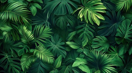 Lush green foliage with various tropical leaves creating a vibrant, natural background.