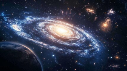 Obraz premium A view from space to a spiral galaxy and stars. Universe filled with stars, nebula and galaxy