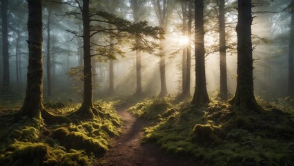 Obraz premium Mysterious mist envelops ancient trees in a serene woodland at dawn