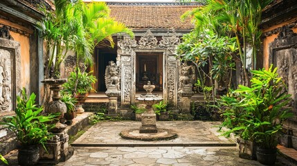 Ancient Stone Courtyard with Intricate Carvings