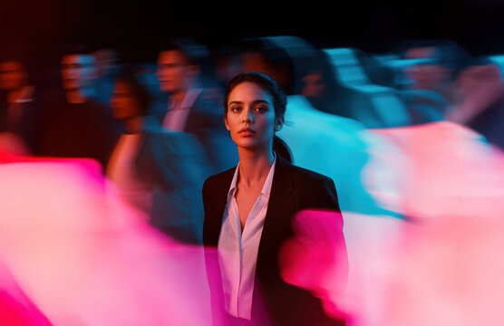 Confident Businesswoman Walking Through a Vibrant Pink anb Blue Crowd with Motion Blur