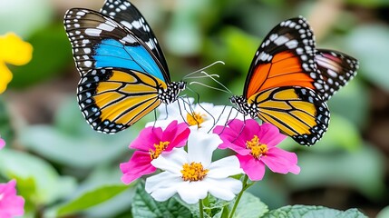 Fototapeta premium Two Colorful Butterflies Perched on Pink and White Flowers