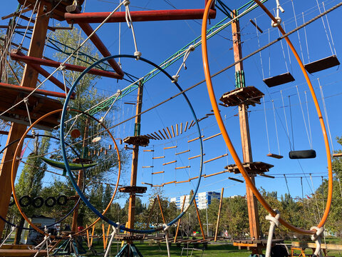 Rope adventure park for active recreation of adults and children
