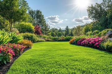 Obraz premium lush, manicured lawn bordered by vibrant flowerbeds and deciduous shrubs, radiating tranquility and inviting outdoor leisure, with a bright blue sky above