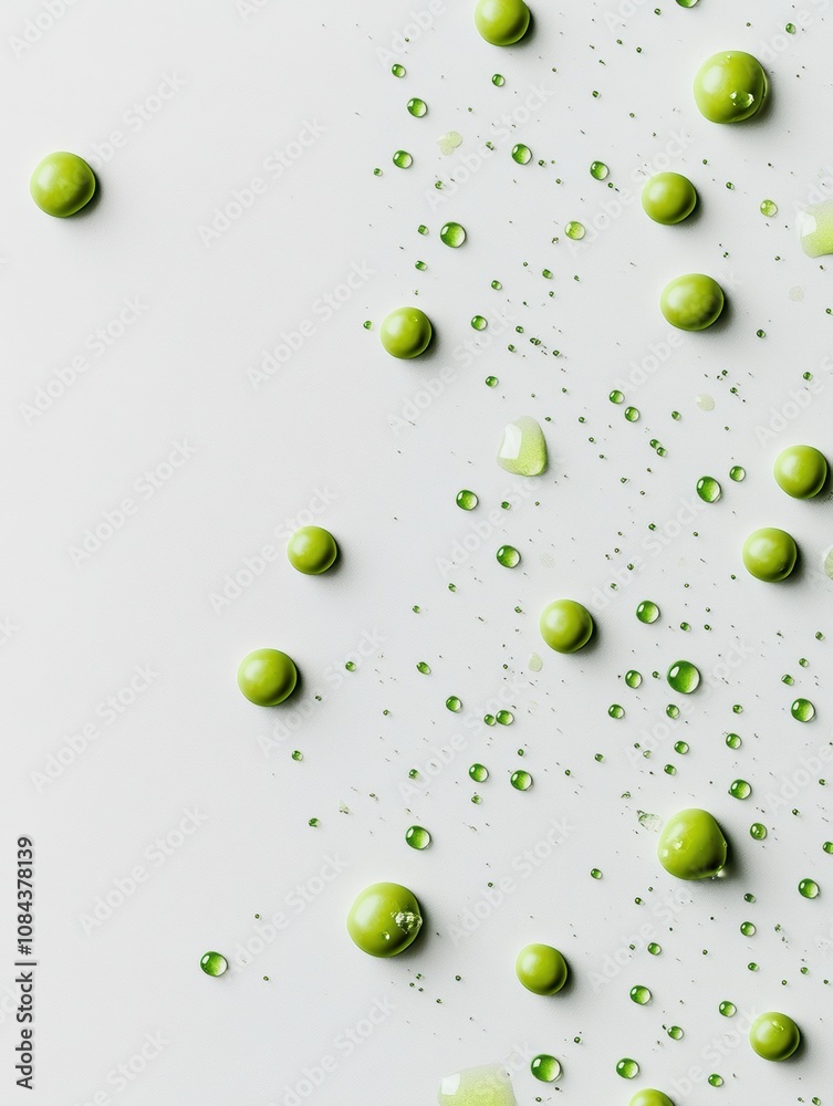 Leinwandbilder bright green peas and droplets of juice are scattered across a clean white surface, creating a fresh