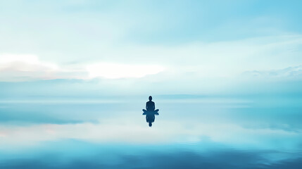 Fototapeta premium Meditative solitude by tranquil ocean with clear sky and reflections on blue monday, concept of serenity amidst melancholy. Melancholy. Illustration
