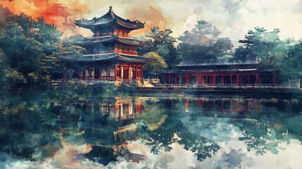 Obraz premium Gyeongbokgung Palace showcases stunning Korean traditional architecture under vibrant skies.