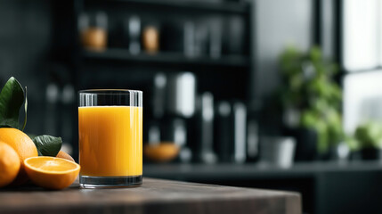 A glass of fresh orange juice on a wooden table with whole and halved oranges in the foreground and a blurred kitchen background.