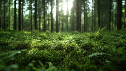 Obraz premium The forest floor is covered in lush green moss, with sunlight filtering through the towering trees, creating a sense of serenity and connection to nature.