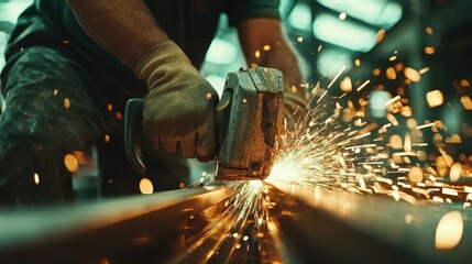 Close-up of a gloved hand using a grinder on metal, creating vibrant sparks that fly in all directions, illustrating precision and hard work in metallurgy.