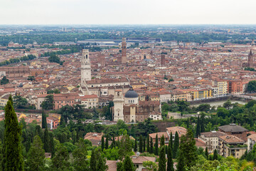 Fototapeta premium a beautiful, stunning unique panoramic view from the top of the Santuario della Madonna di Lourdes church at a steep hill in Verona, italy