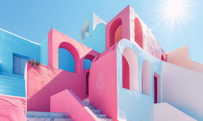 Architecture featuring pastel-colored buildings in shades of pink, blue, and white, with arched windows and doors. Mediterranean style, with clean lines and geometric forms that emphasize simplicity.