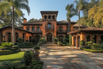 Obraz premium luxurious mediterranean estate with expansive gardens and stunning architecture. the scene embodies opulence, warmth, and relaxation in a sun-filled environment