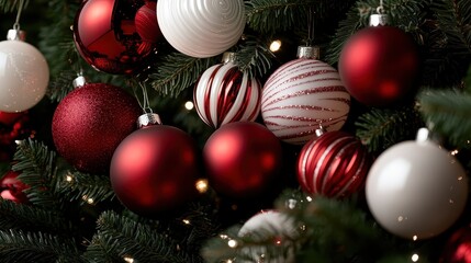 A variety of red and white Christmas ornaments artistically arranged on lush green branches, highlighting the festive spirit and elegance of holiday decorations.