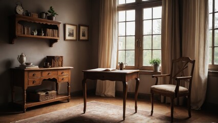 A cozy study corner with a wooden desk, a chair, and an inviting atmosphere at twilight