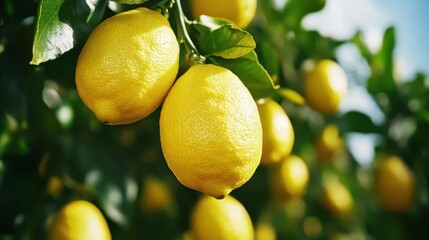 A cluster of ripe, golden lemons is seen hanging on branches under the bright sunlight, highlighting their juicy texture against a backdrop of rich green leaves.
