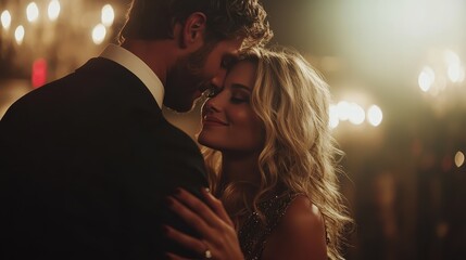 A romantic scene with a well-dressed couple in a warm, intimate dance pose, amidst a sparkling...