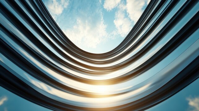 A soaring metallic skyscraper photographed from below against a backdrop of a bright sky, emphasizing the monumental scale and dynamic lines of contemporary urban architecture.