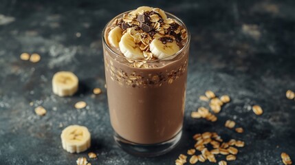 Chocolate banana smoothie with oats and chocolate chips on a dark background.