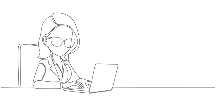 recommend clip art: Woman using laptop computer line art style vector illustration, Vector drawing of woman with laptop continuous line art