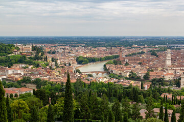 Obraz premium a beautiful, stunning unique panoramic view from the top of the Santuario della Madonna di Lourdes church at a steep hill in Verona, italy
