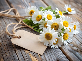 Fototapeta premium A bouquet of fresh chamomile flowers with a blank paper tag tied with twine, placed on a rustic wooden surface, conveying a natural, handmade feel.