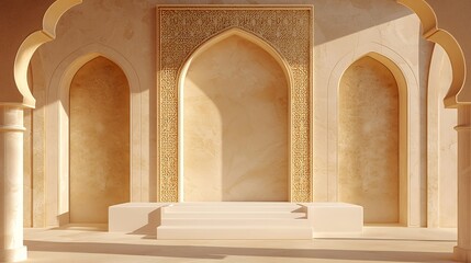 Fototapeta premium 3D rendering illustration of a golden Islamic arch with a white podium and mosque elements for a product display presentation background. Ramadan Kareem concept design with copy space. Stock photo,