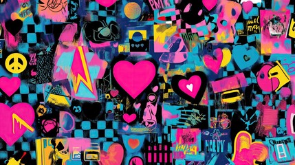 Obraz premium Vibrant urban graffiti art collage with hearts and neon accents