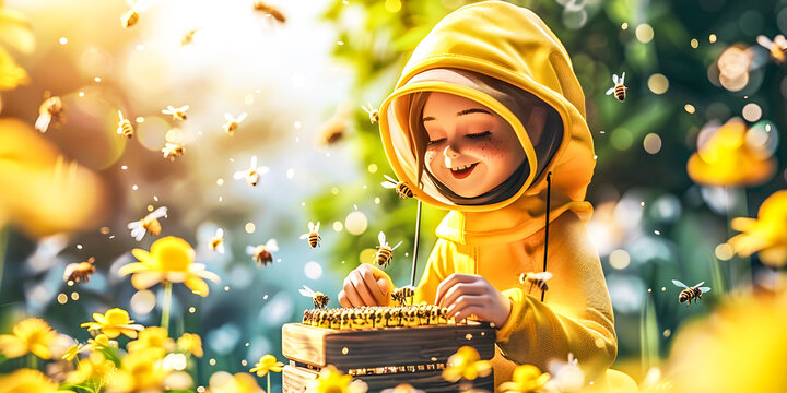 Happy Child Beekeeper Surrounded by Bees in a Flower Field