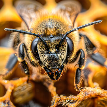 Front-Facing Macro Shot of a Honeybee on a Honeycomb