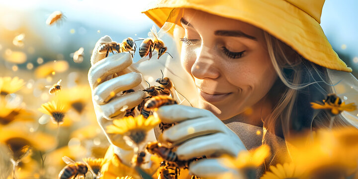 Smiling Woman Beekeeper Holding Bees in a Sunny Flower Field
