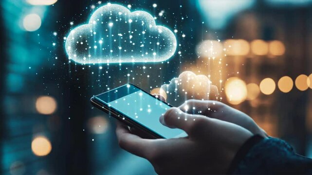 A person is holding a cell phone and the screen is showing a cloud