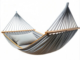 A simple gray hammock with a wooden frame, isolated on a white background, perfect for relaxation and minimalist outdoor decor.