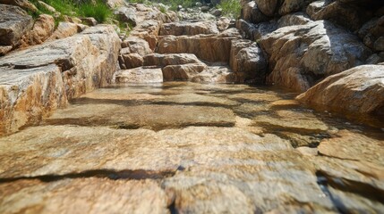 An idyllic scene of a shallow water pool meandering through rugged rocky terrain, capturing the tranquility and simplicity of nature's beauty.