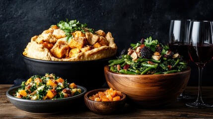 A homestyle meal featuring a rich pie and bowls filled with an assortment of greens, offering an inviting setting that hints at comfort and indulgence for diners.