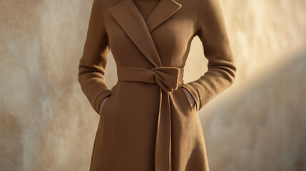 A chic wool turtleneck dress in camel, belted at the waist, creating a flattering and enduring winter outfit.