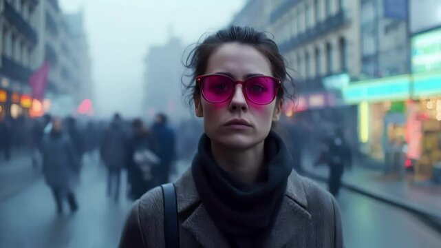 A woman in rose-tinted glasses walks down the street
