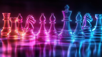 A vibrant display of illuminated chess pieces on a reflective surface.