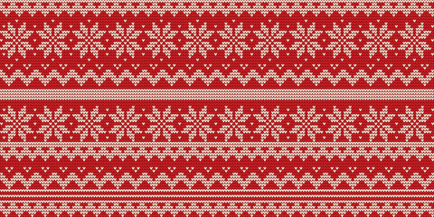 Horizontal knitted red background with white pattern. Winter holiday knitted design. Vector illustration.