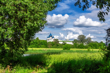 Suzdal, Vladimir region, Russia, Golden Ring: - The Suzdal Kremlin is the oldest part of the Russian city of Suzdal. View of the Kremlin from the meadow and the river.