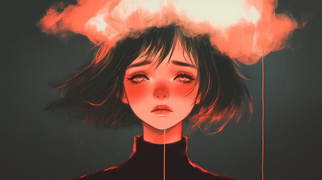 An illustrated sad anime girl with a cloud above her head embodies profound melancholy and emotional introspection. Melancholy. Illustration