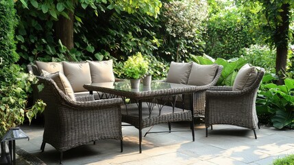 Fototapeta premium Modern Patio with Glass Top Table and Upholstered Seating