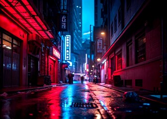 A Stunning Tilt-Shift Photography of a Cyberpunk Alleyway Bathed in Red and Blue Lighting, Capturing the Futuristic Urban Aesthetic with Neon Reflections and Gritty Details