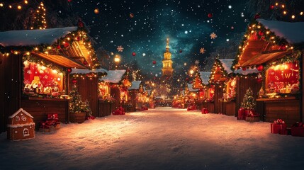 Enchanting winter market illuminated by festive lights and snowfall