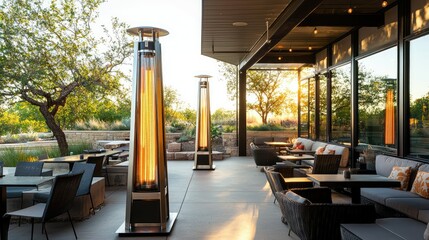 Modern Outdoor Patio with Tall Heaters at Sunset