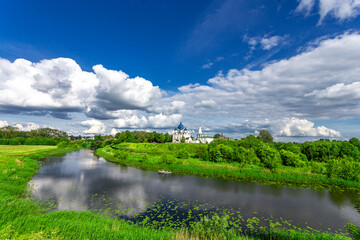 Suzdal, Vladimir region, Russia, Golden Ring: - The Suzdal Kremlin is the oldest part of the Russian city of Suzdal. View of the Kremlin from the meadow and the river.