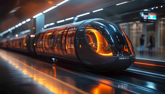 Hyperloop Transit System, dynamic scene of a hyperloop station with sleek pods traveling at high speeds through transparent tubes.