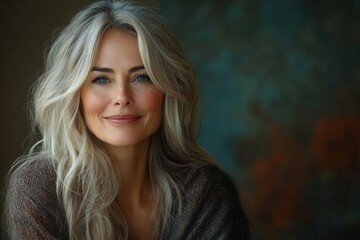 Naklejka premium mature woman with a confident smile, posing against a solid colored backdrop. her elegance and poise shine through, reflecting beauty and wisdom in her expression