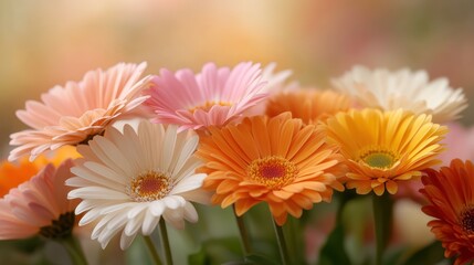 Obraz premium A colorful assortment of daisies in full bloom radiates joy and tranquility under the gentle embrace of soft sunlight, perfect for bright and cheerful themes.